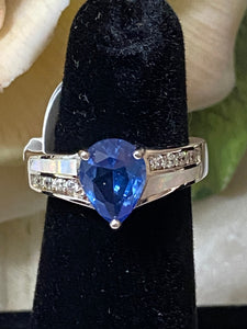 Old Pawn Sapphire, Cubic Zirconia, white Opal Sterling silver Ring Size 7.5