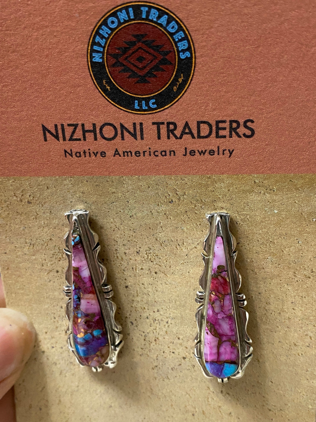 Navajo Pink Dream Mojave & Sterling Silver Jagged Edge Dangle Earrings Post