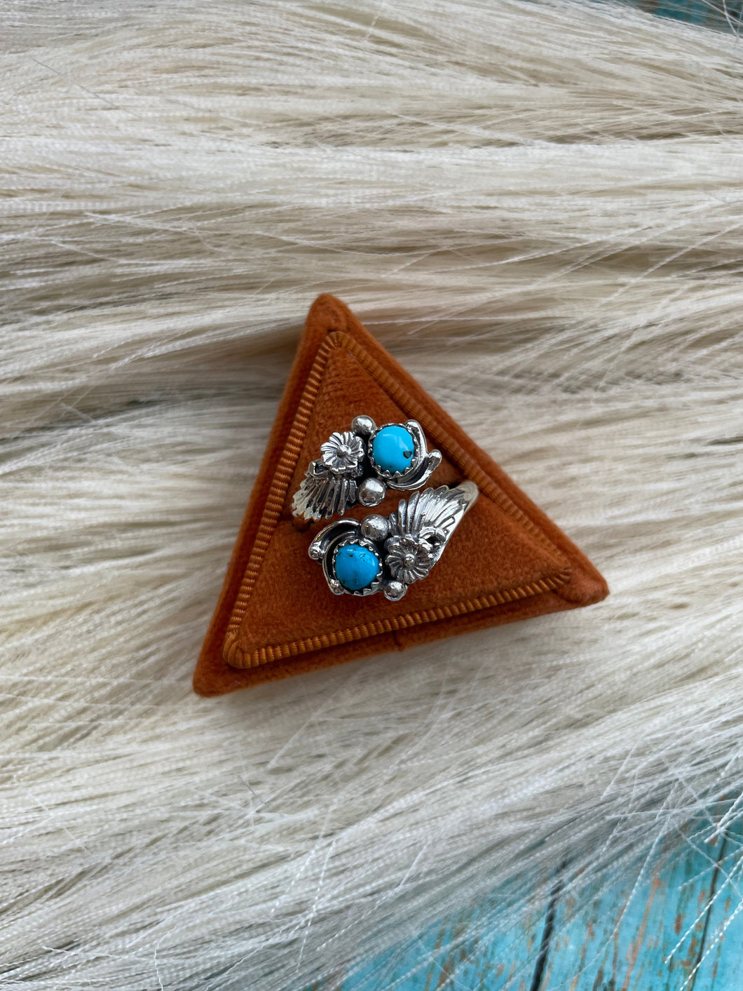 Navajo Sterling Silver & 2 stone Turquoise Feather Adjustable Ring