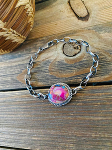 Navajo Pink Dream Mohave & Sterling Silver Link  Bracelet