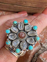 Load image into Gallery viewer, Handmade Garnet Sterling Silver, Turquoise &amp; Herkimer Diamond Cluster Adjustable Ring