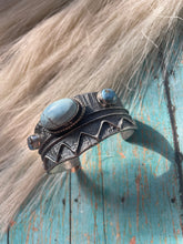 Load image into Gallery viewer, Navajo Golden Hills &amp; Sterling Silver Tufa Cast Cuff Bracelet Signed