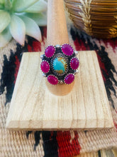 Load image into Gallery viewer, Handmade Sterling Silver, Pink Onyx &amp; Turquoise Cluster Adjustable Ring