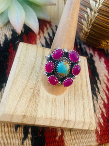 Handmade Sterling Silver, Pink Onyx & Turquoise Cluster Adjustable Ring