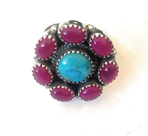 Handmade Sterling Silver, Pink Onyx & Turquoise Cluster Adjustable Ring