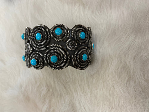 Leander Tahe Turquoise $ Sterling Silver Spiral Navajo Bracelet Signed