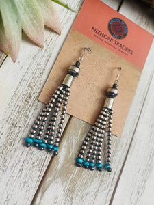 Navajo Turquoise & Sterling Silver Pearl Beaded Tassel Dangle Earrings