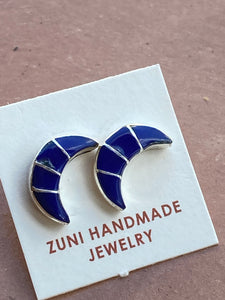Zuni Sterling Silver & Lapis Inlay Moon Stud Earrings