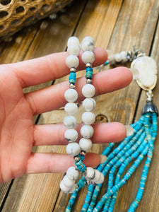 Navajo Howlite, Turquoise & Sterling Silver Pearl Beaded Tassel Necklace