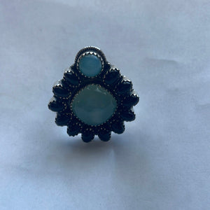 Handmade Sterling Silver, Onyx & Aqua Calcedony Adjustable Ring Signed Nizhoni