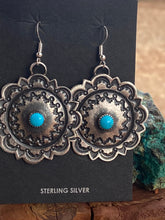 Load image into Gallery viewer, Navajo Turquoise &amp; Sterling Silver Concho Dangle Earrings By Kevin Billah