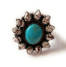 Load image into Gallery viewer, Handmade Sterling Silver, Wild Horse &amp; Turquoise Cluster Adjustable Ring