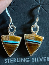 Load image into Gallery viewer, Navajo Turquoise, Onyx, Petrified Wood &amp; Sterling Silver Inlay Petite Triangle Dangle Earrings