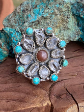 Load image into Gallery viewer, Handmade Garnet Sterling Silver, Turquoise &amp; Herkimer Diamond Cluster Adjustable Ring