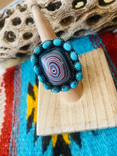 Load image into Gallery viewer, Handmade Sterling Silver, Fordite &amp; Turquoise Cluster Adjustable Ring