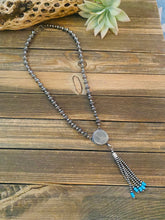 Load image into Gallery viewer, Navajo Turquoise &amp; Sterling Silver Pearl Beaded Coin Tassel Necklace