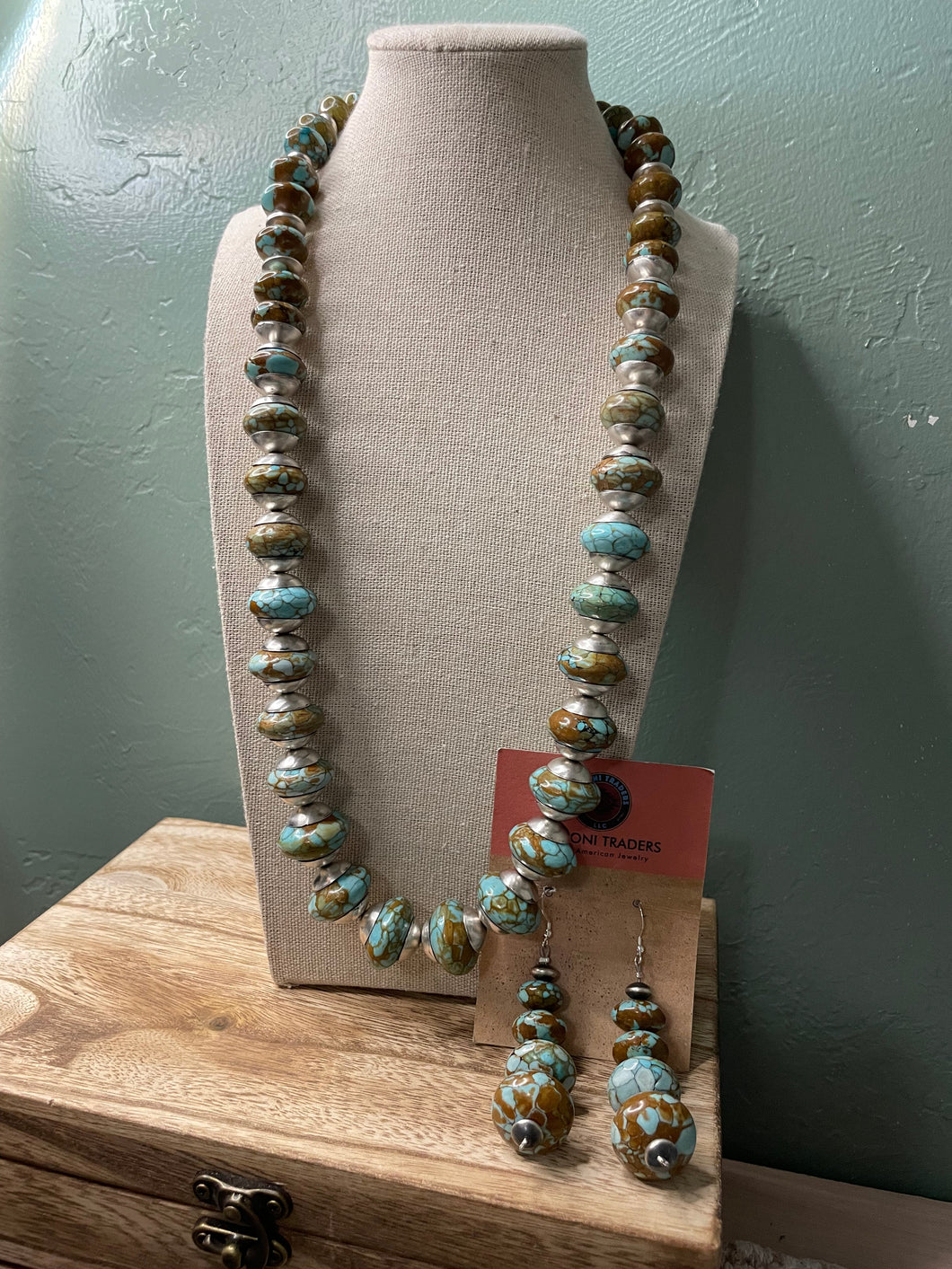 Navajo Sterling Silver Natural Number 8 Turquoise Beaded Necklace Earrings Set