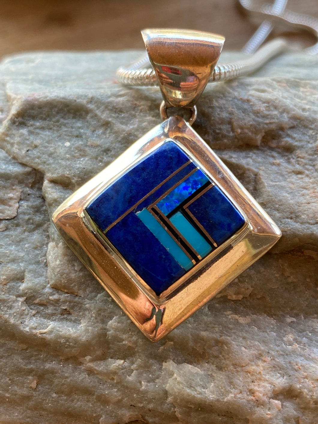 Navajo Lapis, Turquoise, Blue Opal Square Pendant