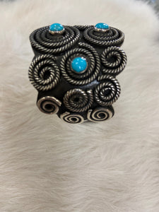 Leander Tahe Turquoise $ Sterling Silver Spiral Navajo Bracelet Signed