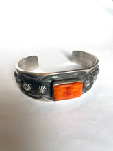 Load image into Gallery viewer, Navajo Sterling Silver &amp; Orange Spiny Cuff Stamped And Signed By Chimney Butte