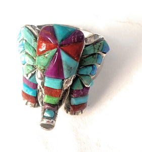 Handmade Sterling Silver & Multi Stone Inlay Elephant Ring Size 7.5