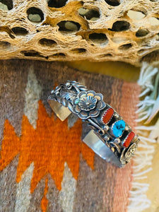 Navajo Old Pawn Vintage Turquoise, Coral & Sterling Silver Cuff Bracelet