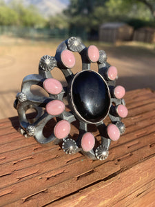Chimney Butte Sterling Silver Onyx  & Queen Pink Conch Shell Cuff Bracelet