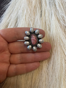 Handmade Sterling Silver, Mother of Pearl & Rhodochrosite Cluster Adjustable Ring Signed Nizhoni