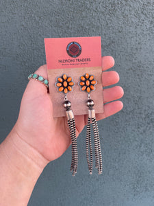 Navajo Sterling Silver Tassel Orange Spiny Flower Dangle Earrings Signed