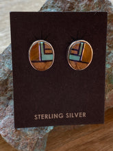 Load image into Gallery viewer, Navajo Turquoise, Onyx, Petrified Wood &amp; Sterling Silver Inlay Small Oval Stud Earrings