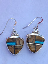 Load image into Gallery viewer, Navajo Turquoise, Onyx, Petrified Wood &amp; Sterling Silver Dangle Earrings