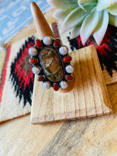 Load image into Gallery viewer, Handmade Sterling Silver, Turquoise, Coral &amp; Pearl Cluster Adjustable Ring