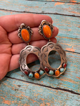 Load image into Gallery viewer, Navajo Sterling Silver Orange Spiny, Turquoise And Coral Concho Dangle Earrings