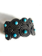 Load image into Gallery viewer, Leander Tahe Turquoise &amp; Sterling Silver Spiral Navajo Bracelet Signed