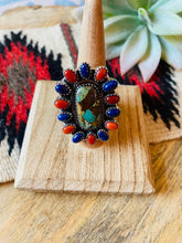 Load image into Gallery viewer, Handmade Sterling Silver, Turquoise, Coral &amp; Lapis Cluster Adjustable Ring