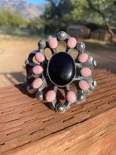 Load image into Gallery viewer, Chimney Butte Sterling Silver Onyx  &amp; Queen Pink Conch Shell Cuff Bracelet