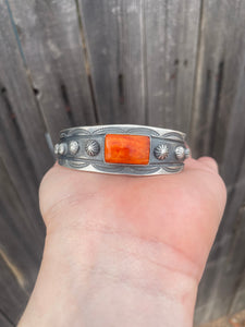 Navajo Sterling Silver & Orange Spiny Cuff Stamped And Signed By Chimney Butte