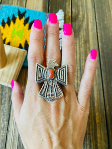 Navajo Sterling Silver & Coral Thunderbird Ring