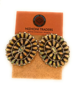 Navajo Sterling Silver & Opal Cluster Post Earrings Signed