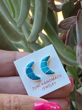 Load image into Gallery viewer, Zuni Sterling Silver &amp; Malachite Inlay Moon Stud Earrings