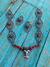 Load image into Gallery viewer, Navajo Sterling Silver &amp; Coral Bull Head Necklace Set By Kevin Billah