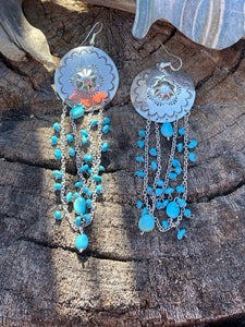 Navajo Sterling Silver Turquoise Concho Chain Dangle Earrings