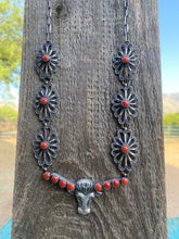 Load image into Gallery viewer, Navajo Sterling Silver &amp; Coral Bull Head Necklace Set By Kevin Billah