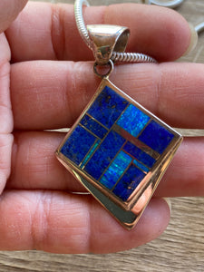 Navajo Lapis, Turquoise, Blue Opal Pointed Square Pendant
