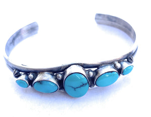 Vintage Navajo Turquoise & Sterling Silver Five Stone Cuff Bracelet Signed