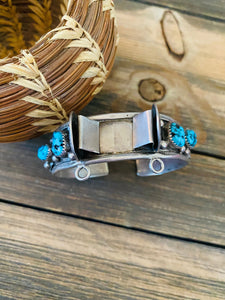 Old Pawn Vintage Navajo Turquoise & Sterling Silver Watch Cuff Signed