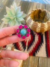 Load image into Gallery viewer, Handmade Sterling Silver, Pink Onyx &amp; Turquoise Cluster Adjustable Ring