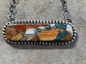 Navajo Multi Stone Sterling Silver Long Oval Bar Necklace