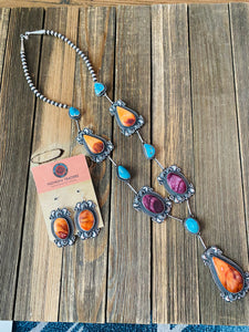 Navajo Spiny, Turquoise & Sterling Silver Necklace & Earring Set by Derrick Gordon