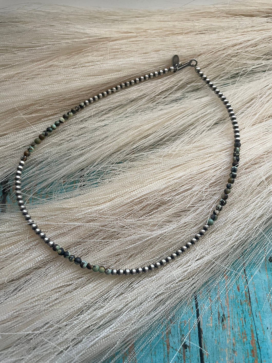 Navajo Sterling Silver & Turquoise Beaded Necklace 14 Inch